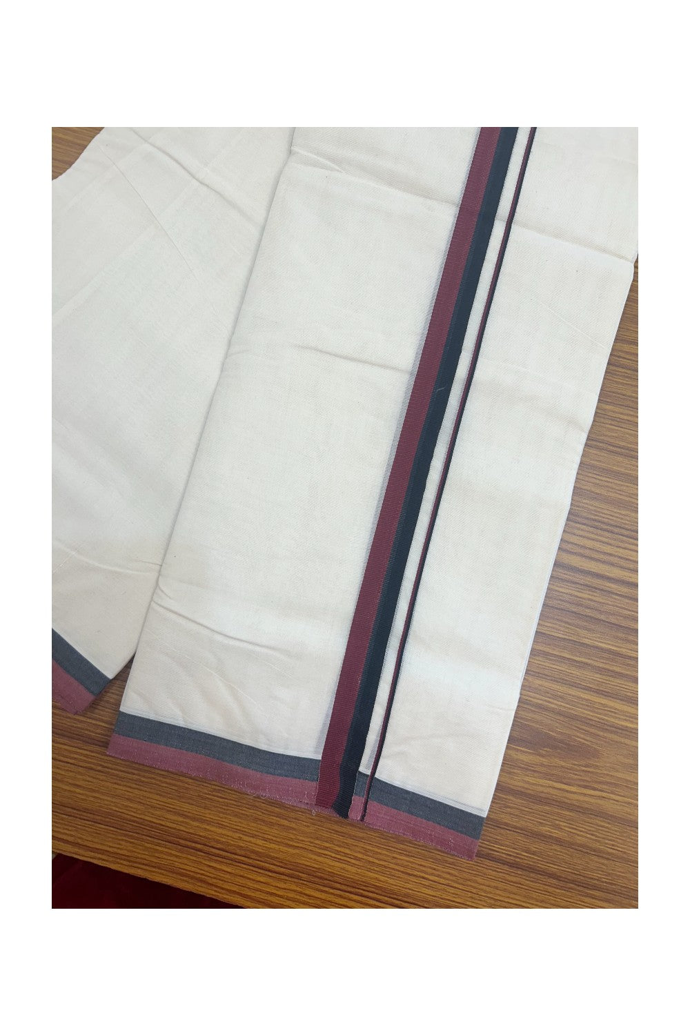 DMK Veshti - 37% DISCOUNT! KaithariKada 100% Cotton off white Double - (Unbleached) Mundu/Dhoti - 100X100 - 1 inch Black & Maroon kara - 2KK5158ASH