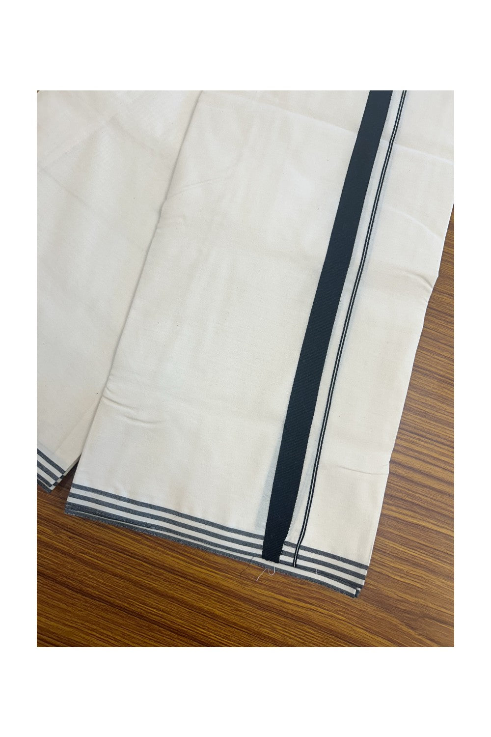 12% DISCOUNT ! KaithariKada Balaramapuram 100% COTTON SINGLE OFF WHITE (Unbleached) Mundu/Dhoti-100X100- 0.75 inch  Puliyilakkara Black Kara (2 meter / 4 muzham) - 2KK5159ASH