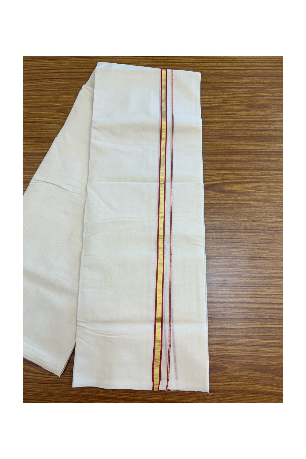 25% DISCOUNT! KaithariKada BALARAMAPURAM HANDLOOM UNAKKUPAAV - 100% PURE Cotton Off white (Unbleached) Double Mundu/Dhoti - 1.5 cm Gold Kasavu & Deep Red Kara (8 Muzham) - 2KK5161SOM
