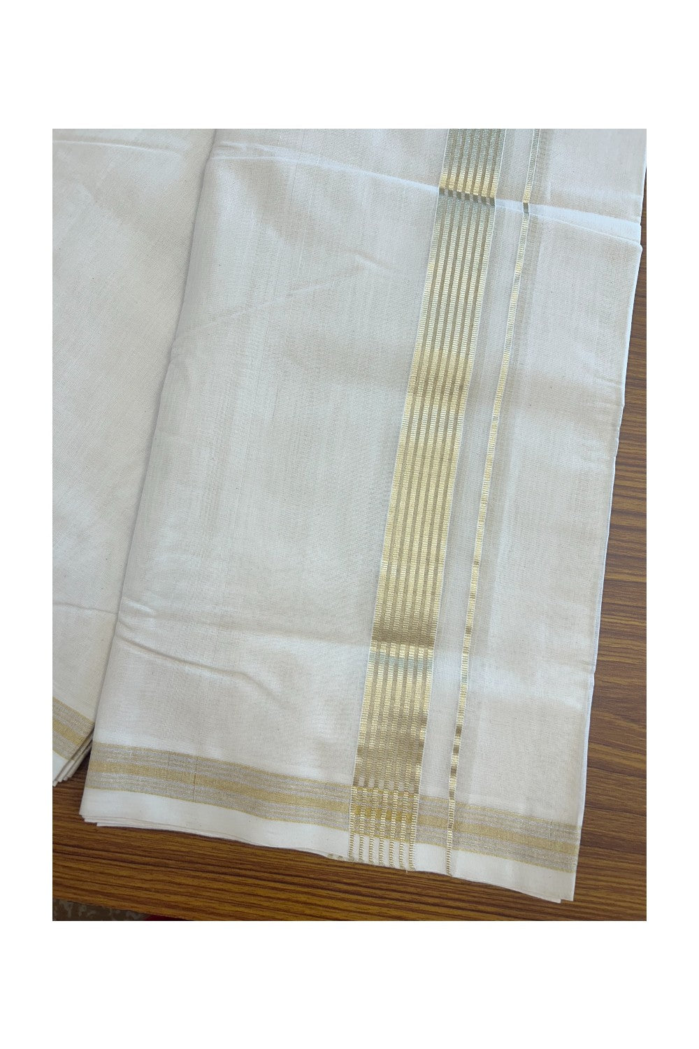 27% DISCOUNT ! KaithariKada HANDLOOM Millpaav Balaramapuram - 100% PURE Cotton Off White - (Unbleached) Double Mundu/Dhoti - 1.25 inch Tissue Gold Kasavu Striped Kara - 2KK5162RAM
