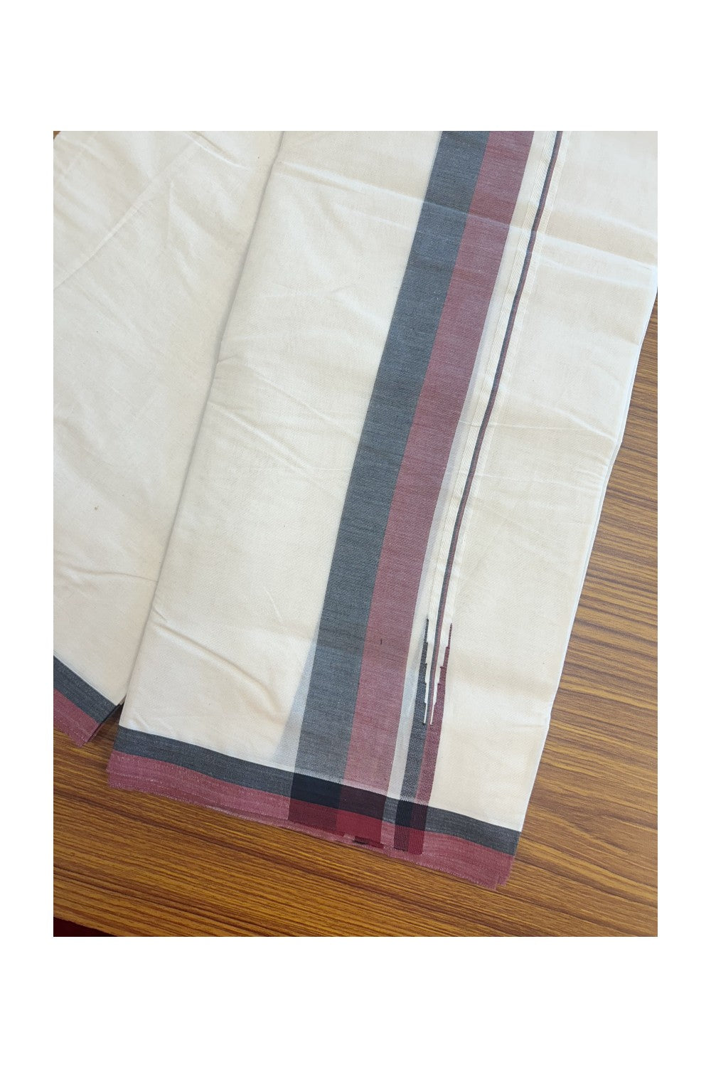DMK Veshti - 24% DISCOUNT! KaithariKada 100% Cotton off white Double - (Unbleached) Mundu/Dhoti - 100X100 - 2 inch Puliyilakkara Black & Maroon Chutty kara - 3KK5163ASH