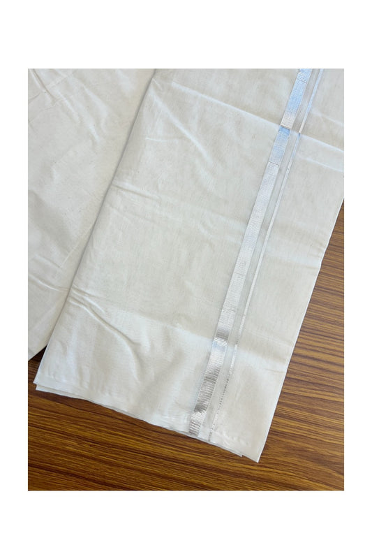 32% DISCOUNT! KaithariKada Balaramapuram 100% Cotton Double Off white - (Unbleached) Mundu/Dhoti-100x80 0.5 inch SILVER Kasavu Kara - 2KK5164ASH