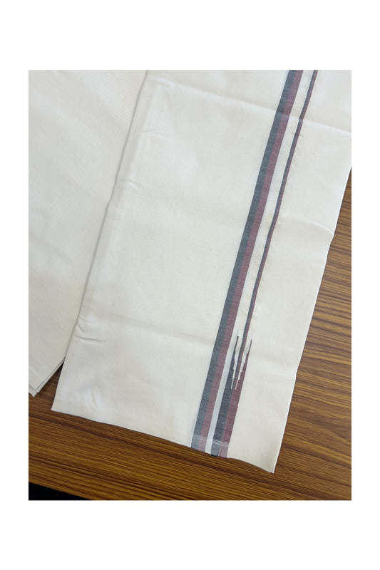 DMK Veshti - 28% DISCOUNT ! KaithariKada Balaramapuram 100% COTTON SINGLE OFF WHITE (Unbleached) Mundu/Dhoti-100X100 - 1.5 cm Puliyilakkara Maroon & Black Shaded Chutty Kara (2 meter / 4 muzham) -  2KK5165ASH