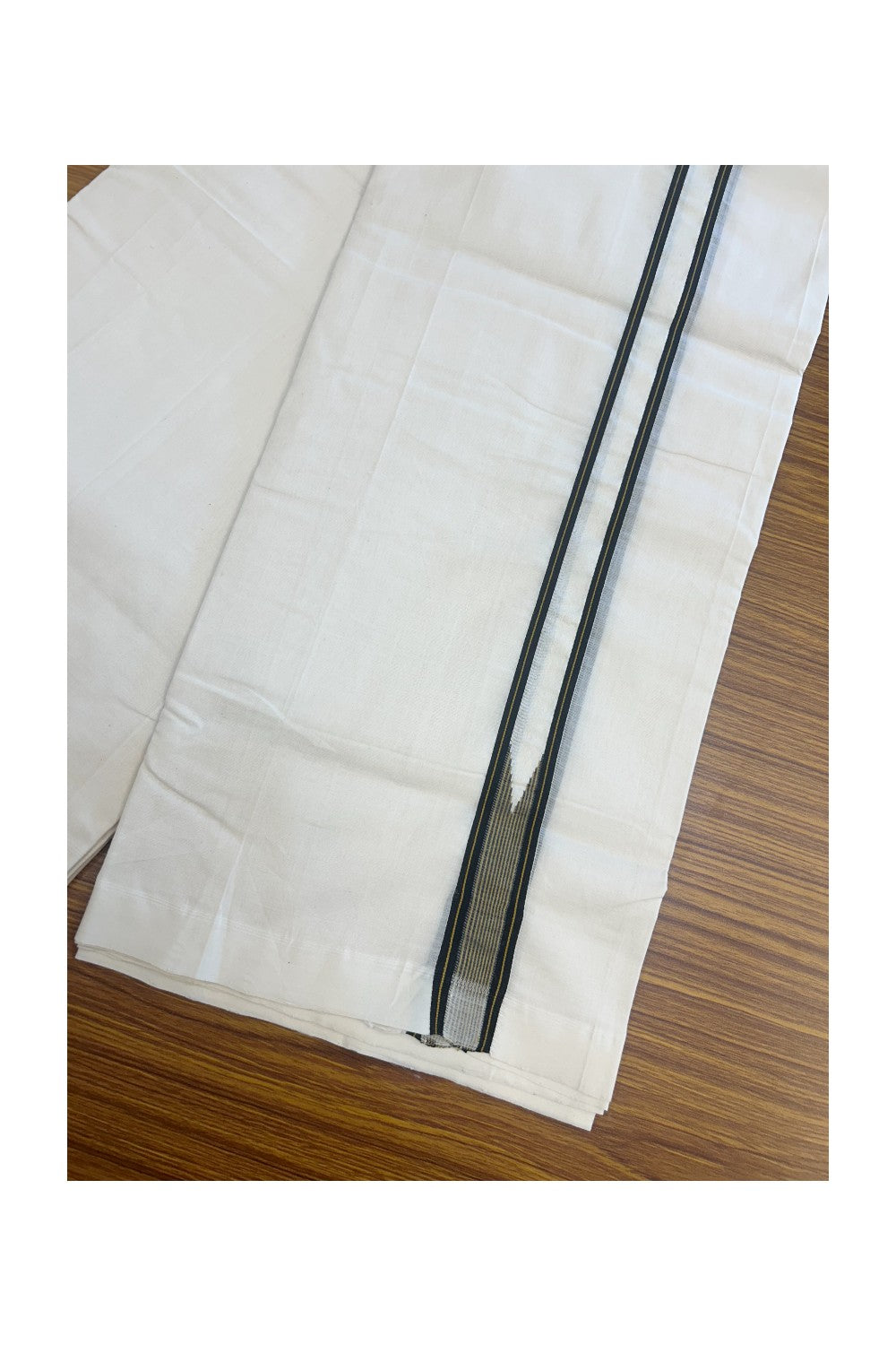 25% DISCOUNT!! KaithariKada HANDLOOM  UNAKKUPAAV Balaramapuram - 100% PURE Cotton OFF White - (Unbleached) Double Mundu/Dothi - 100X100 - 1 inch Puliyilakkara Black & Mustard Yellow striped chutty  - 4KK5167REA