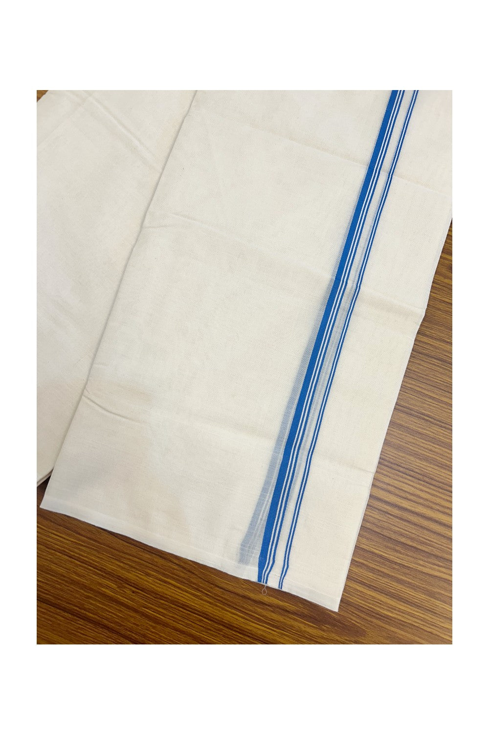 33% DISCOUNT ! KaithariKada Balaramapuram 100% Cotton Double Off white - (Unbleached) Mundu/Dhoti-100X100-  0.75 inch Blue Striped Kara.- 2KK5168ASH