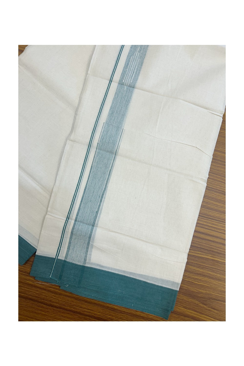 25% DISCOUNT! KaithariKada Balaramapuram Double OFF WHITE 100% Cotton Mundu/Dhoti - 100x80 - 1.25 inch Putta Design Green shaded chutty kara - 2KK5174THI