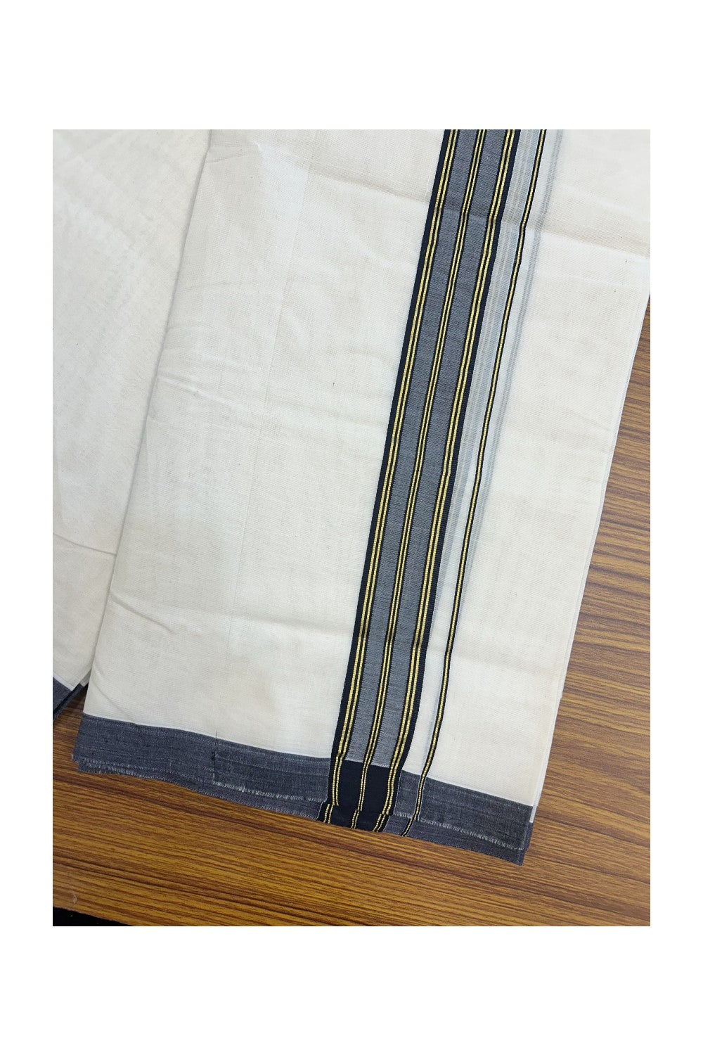 SHORT DHOTI SPECIAL! Kaitharikada.com 32% DISCOUNT! KaithariKada Balaramapuram 100% Cotton  Off white (Unbleached) Double Mundu/Dhoti-100x100 - 1.25 inch Kara & 46 inches Height Navy Blue & Kasavu Striped Kara- 2KK5178ASH
