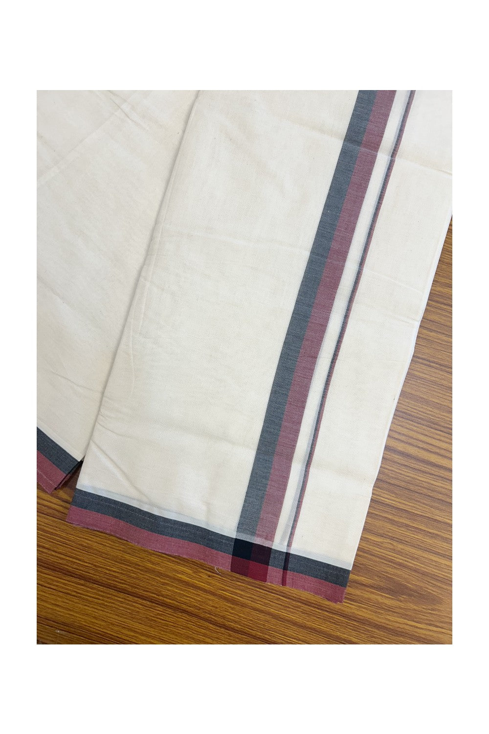 DMK Veshti - 13% DISCOUNT! KaithariKada 100% Cotton off white Double - (Unbleached) Mundu/Dhoti - 100X100 - 1 inch Black & Maroon shaded kara - 2KK5179ASH