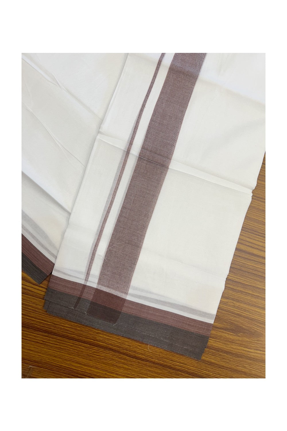 20% Discount ! Kaitharikada Balaramapuram 100% Cotton PURE WHITE Double Mundu/Dothi - 100x80 - 1.75 inch Chocolate Brown & Walnut brown Striped Kara - 2KK5183VIN