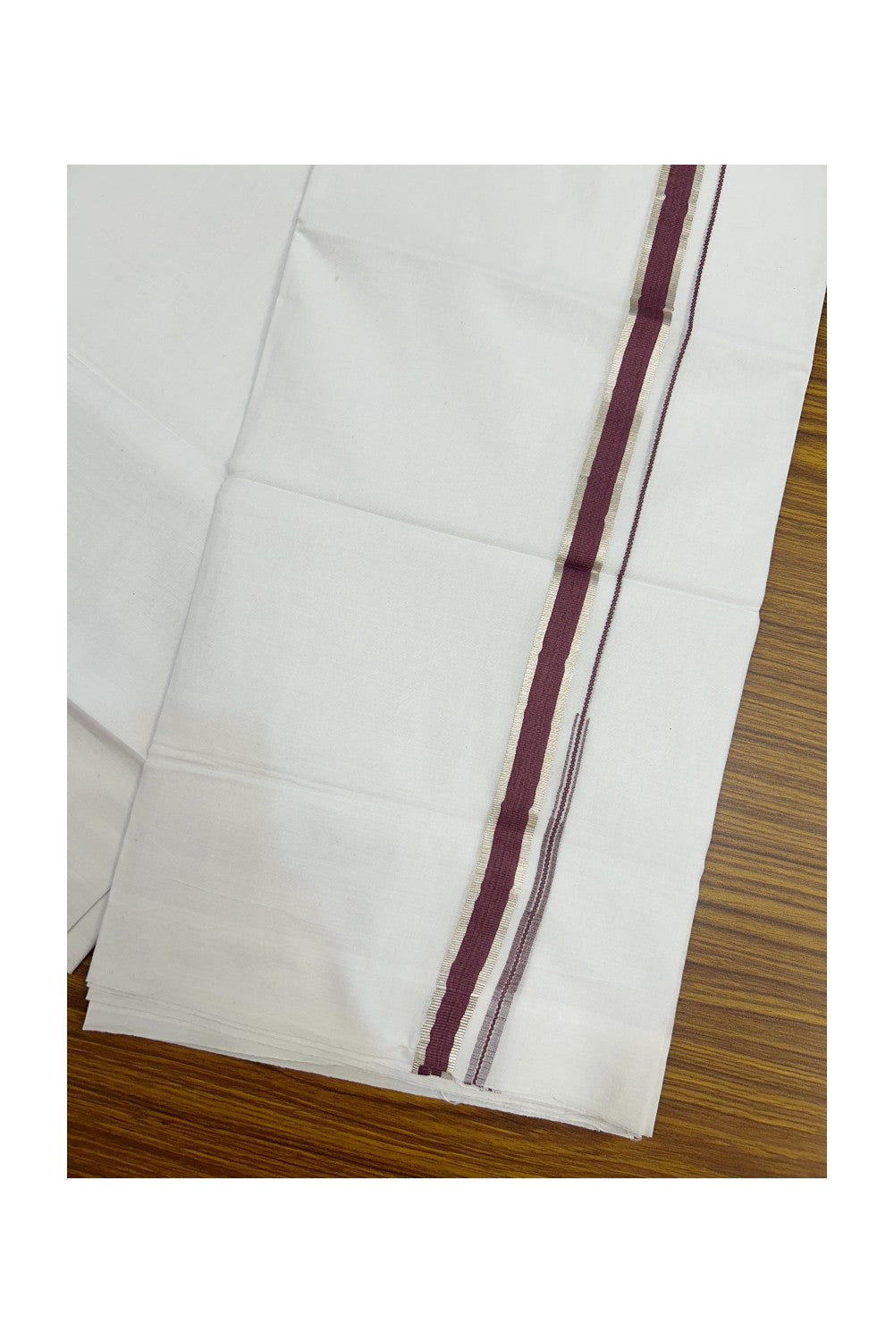 20% Discount !! Kaitharikada Balaramapuram 100% Cotton PURE WHITE Double Mundu/Dothi - 100x80 - 0.75 inch Silver Kasavu & Grape Wine Chutty Kara - 2KK5191CKS