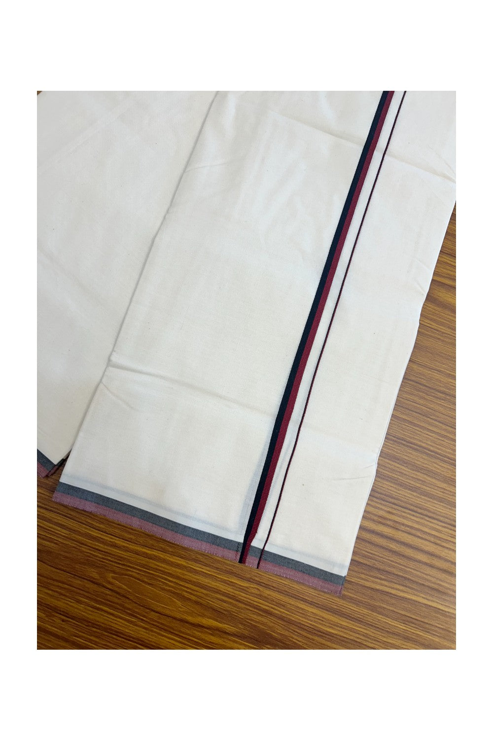 DMK Veshti - 17% DISCOUNT ! KaithariKada Balaramapuram 100% COTTON SINGLE OFF WHITE - (Unbleached) Mundu/Dhoti- 100X100 - 1 cm Maroon & Black Kara (2 metre /4 muzham) - 2KK5187ASH