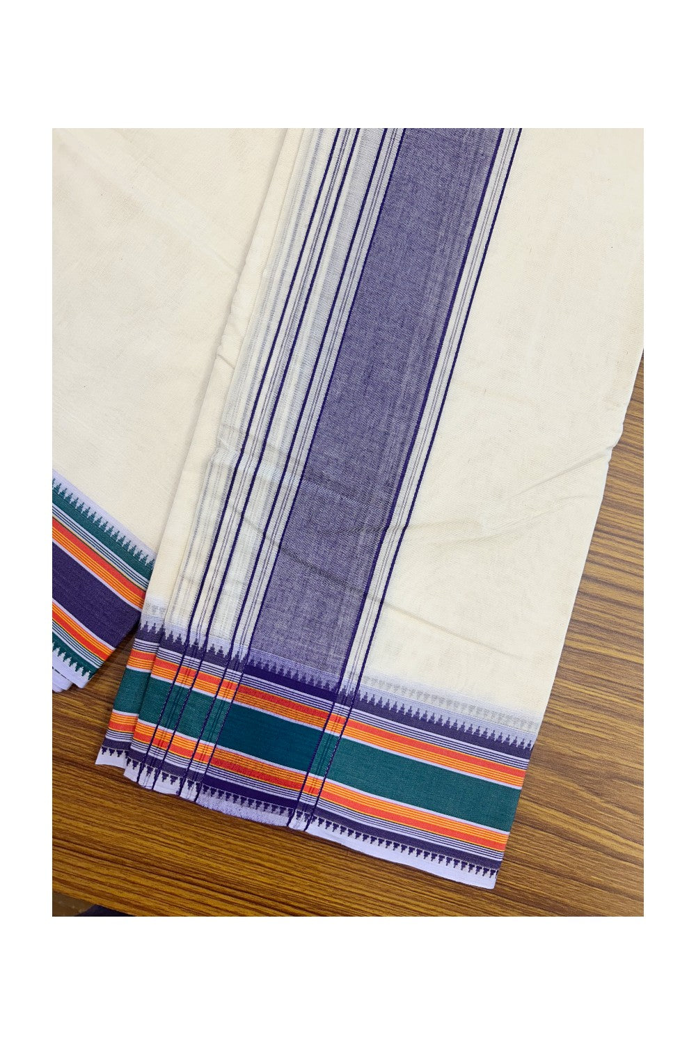 20% DISCOUNT! KaithariKada 100% Cotton Off White - (Unbleached) - Pure Cotton -100x100 thread - NORTH INDIAN - ATTACHED GAMCHA 9X5 Dhoti Violet kara with Violet Green & Orange Striped border - 2KK5196PMC