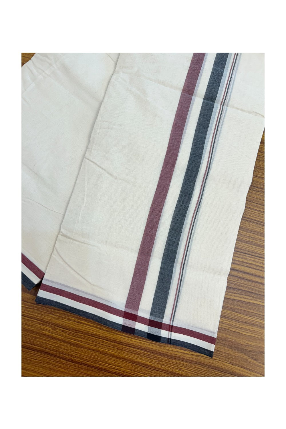 AIADMK VESHTI - 15% DISCOUNT! KaithariKada 100% Cotton off white Double - (Unbleached) Mundu/Dhoti - 100X100 - 2.25 inch Black White & Maroon kara - 2KK5204 ASH