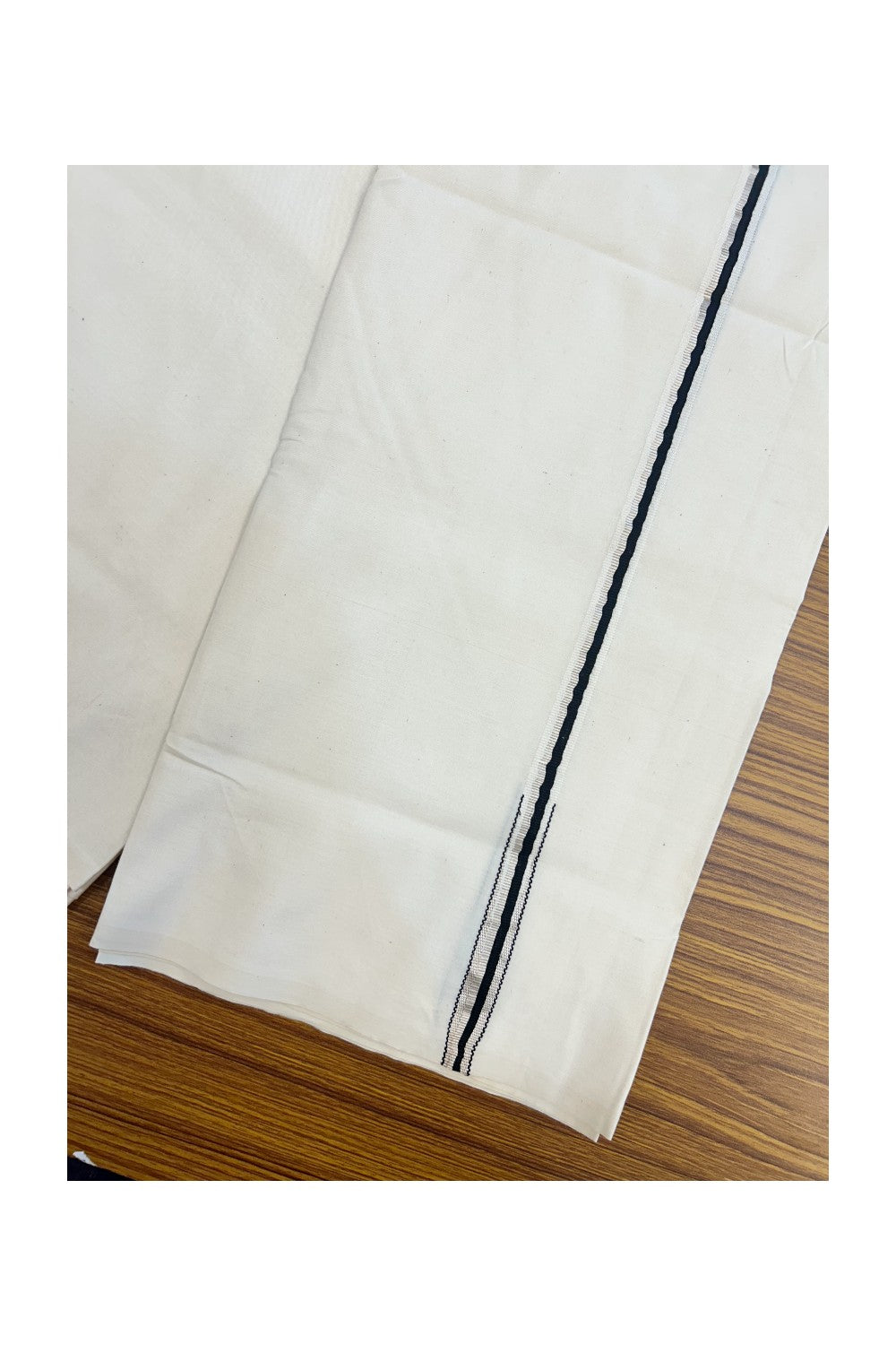 20% Discount!! KaithariKada Balaramapuram 100% COTTON SINGLE OFF WHITE - (Unbleached) Mundu/Dhoti - 100X100 - 1.5 cm Black & Silver Puliyilakkara Chutty Kara(2 meter / 4 muzham) - 2KK5207ASH