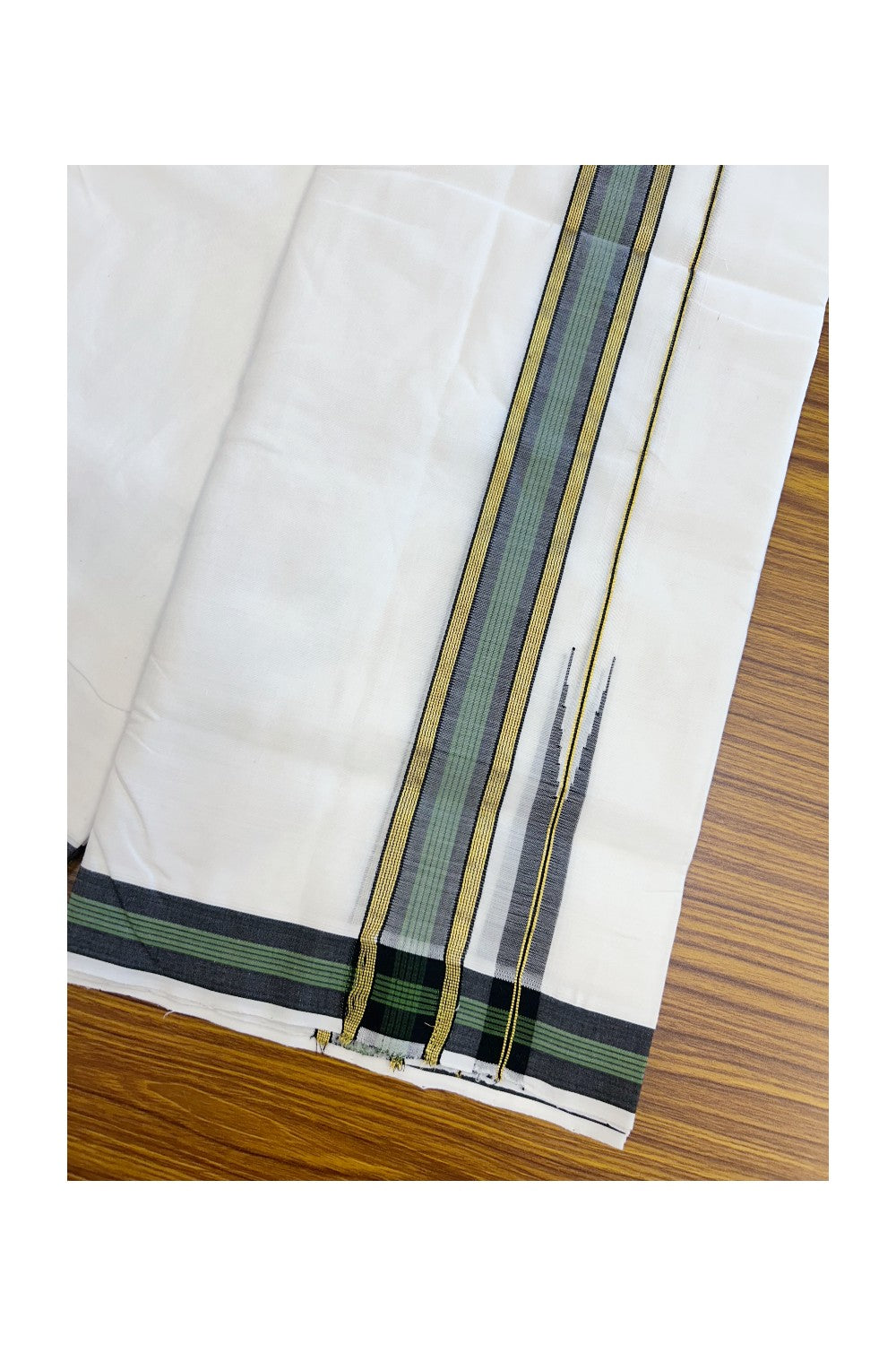 25% Discount!! NEW ULTRA PURE WHITE HANDLOOM Balaramapuram - 100% Mercerised Cotton Double Mundu/Dhoti - 120 twisted warp x 80s weft - 1.5 inch Puliyilakkara Gold Kasavu Green Striped & Black Chutty Kara- 2KK5209 REA