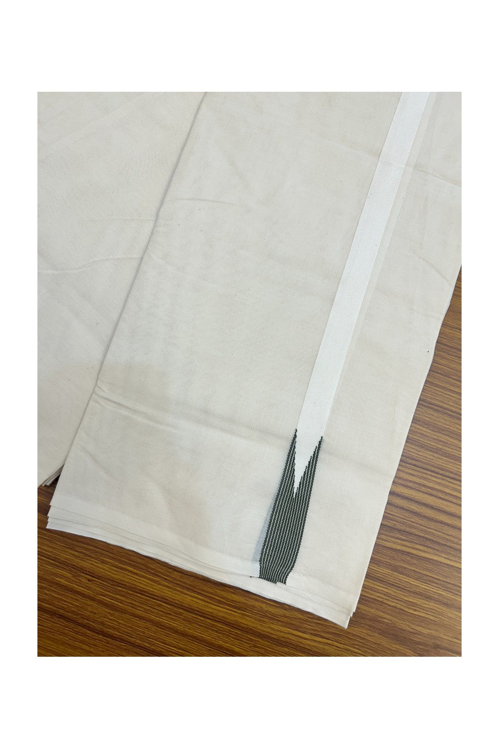 28% DISCOUNT ! KaithariKada Balaramapuram 100% COTTON Double OFF WHITE (Unbleached) Mundu/Dhoti- 100x100 - 1 inch Puliyilakkara Olive Green Striped Chutty Kara - 2KK5211ASH