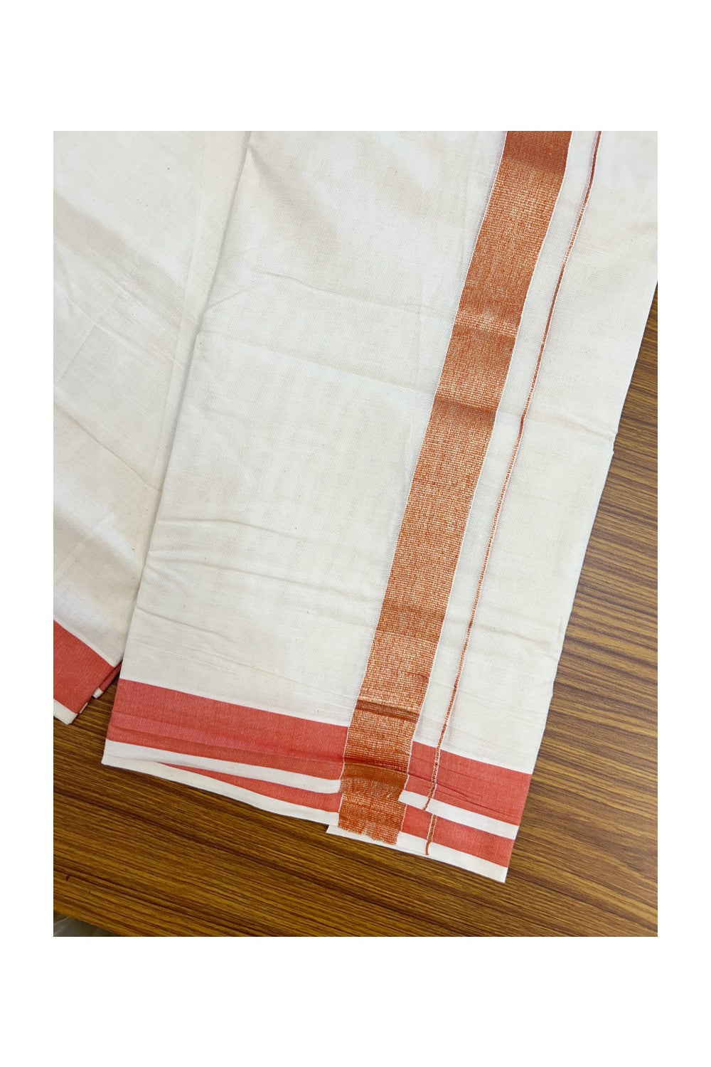 20% DISCOUNT ! KaithariKada Balaramapuram Mixed Cotton OFF WHITE (Unbleached) Double Mundu/Dhoti - 60s Thread Mixed Cotton - 1.5 inch Orange & Gold Kasav Kara - 2KK5213 VIN