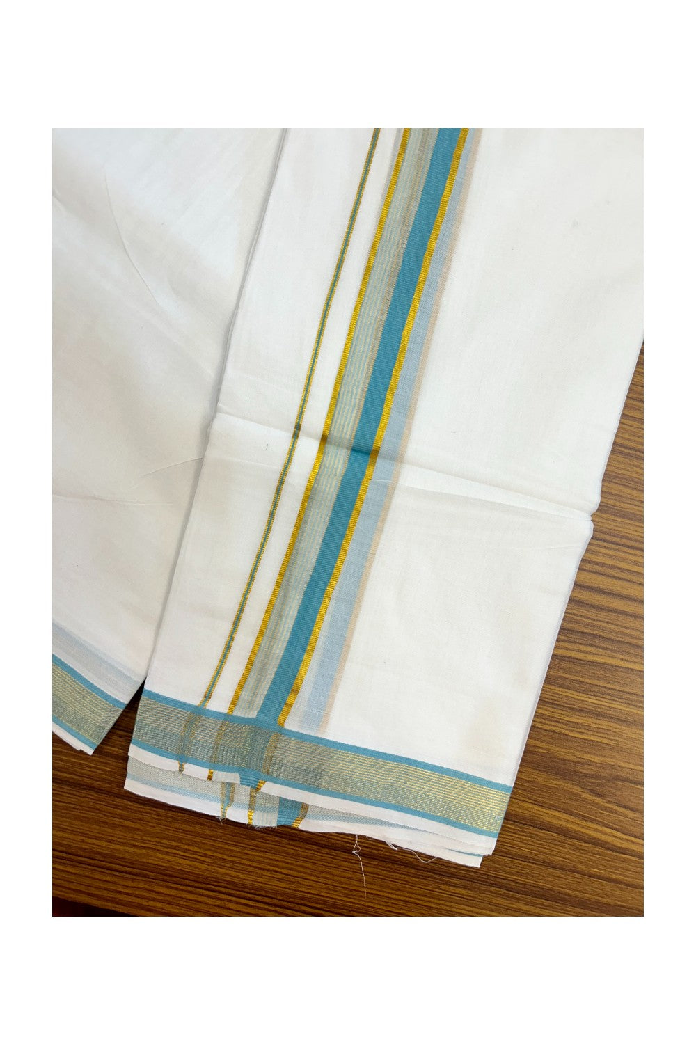 16% DISCOUNT! KaithariKada Balaramapuram 100% MERCERISED Cotton Double ULTRA PURE WHITE Mundu/Dhoti - 100x100 - 1.25 inch Sky Blue & Kasavu Stripes Kara - 2KK5221 GAN