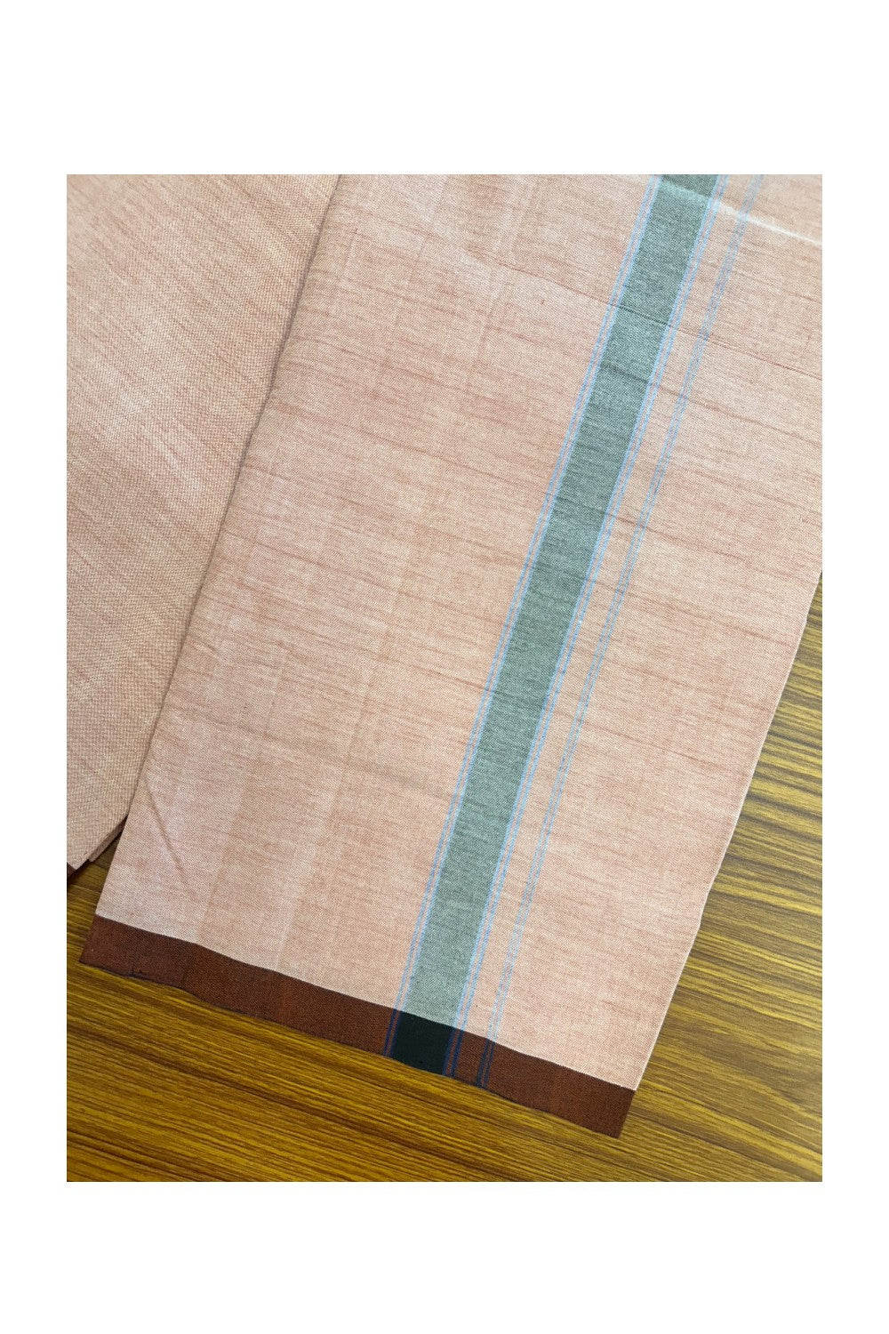 25% Discount ! KaithariKada 100% Cotton Balaramapuram HANDLOOM Single Mundu/Dhoti - Dark Peach Shaded COLOUR BODY & 1.25 inch Black Blue Striped Kara (2 meter / 4 muzham) - 2KK5225KAI