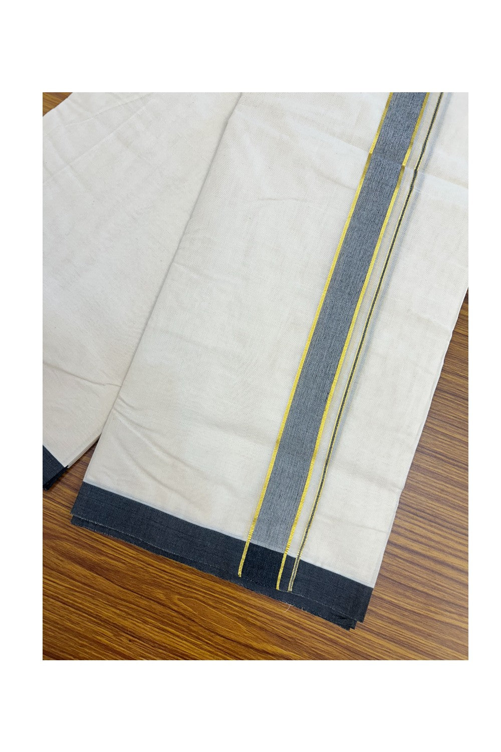 20% Discount KaithariKada Balaramapuram 100% Cotton Double Off white - (Unbleached) - Mundu/Dhoti - 100x100 - 1.25 inch Gold Kasav & Black Shaded Kara - 2KK5226 ASH