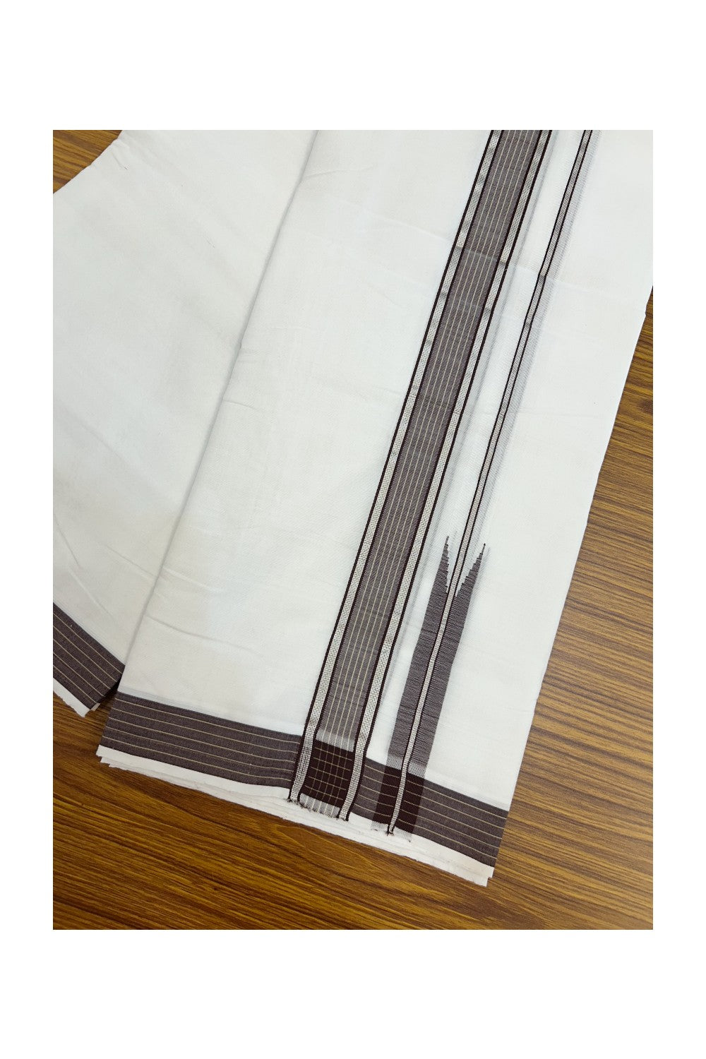 25% Discount!! NEW ULTRA PURE WHITE HANDLOOM Balaram apuram - 100% Mercerised Cotton Double Mundu/Dhoti - 120 twisted warp x 80s weft - 1.5 inch Puliyilakkara Silver Kasavu & Dark Brown Striped Chutty Kara - 2KK5232 REA