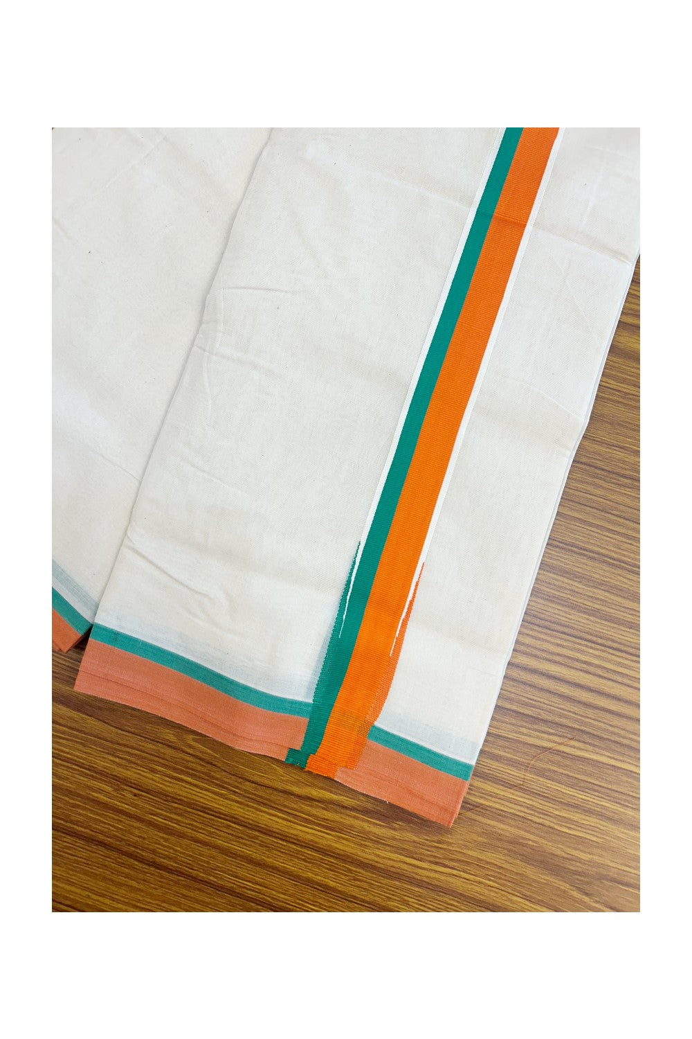 BJP VESHTI - 20% DISCOUNT! KaithariKada 100% Cotton off white Double - (Unbleached) Mundu/Dhoti - 100X80 - 1.5 inch Puliyilakkara Orange & Green Chutty Kara - 4mtr (8.5 muzham)- 2KK5238 ASH