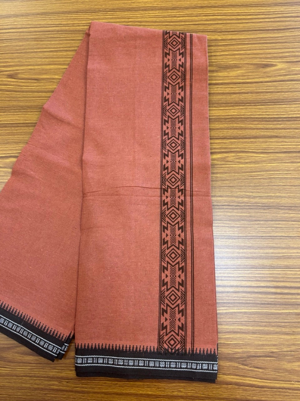 8% Discount!!! Kaitharikada Mixed Cotton Single KAVI - Kaily / Lungi - 3.25 inch BROWN Tribal Printed kara Kuppadam Border (2 meter / 4 muzham) - 2KK8027 AS