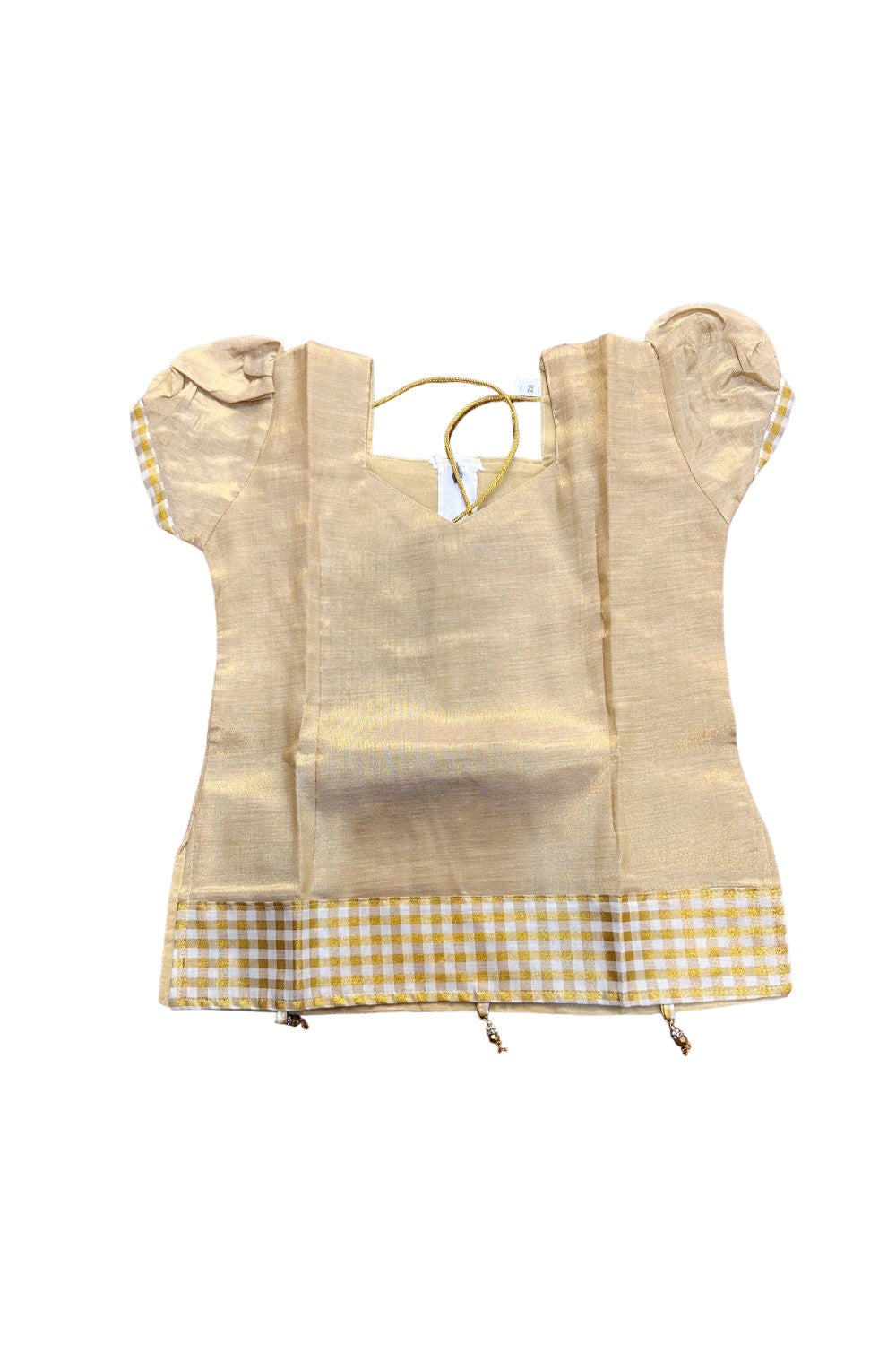 Midukki-Traditional South Indian Kids Pattu Pavada- Golden tissue top offwhite check skirt - Age 8 - KK8MID002