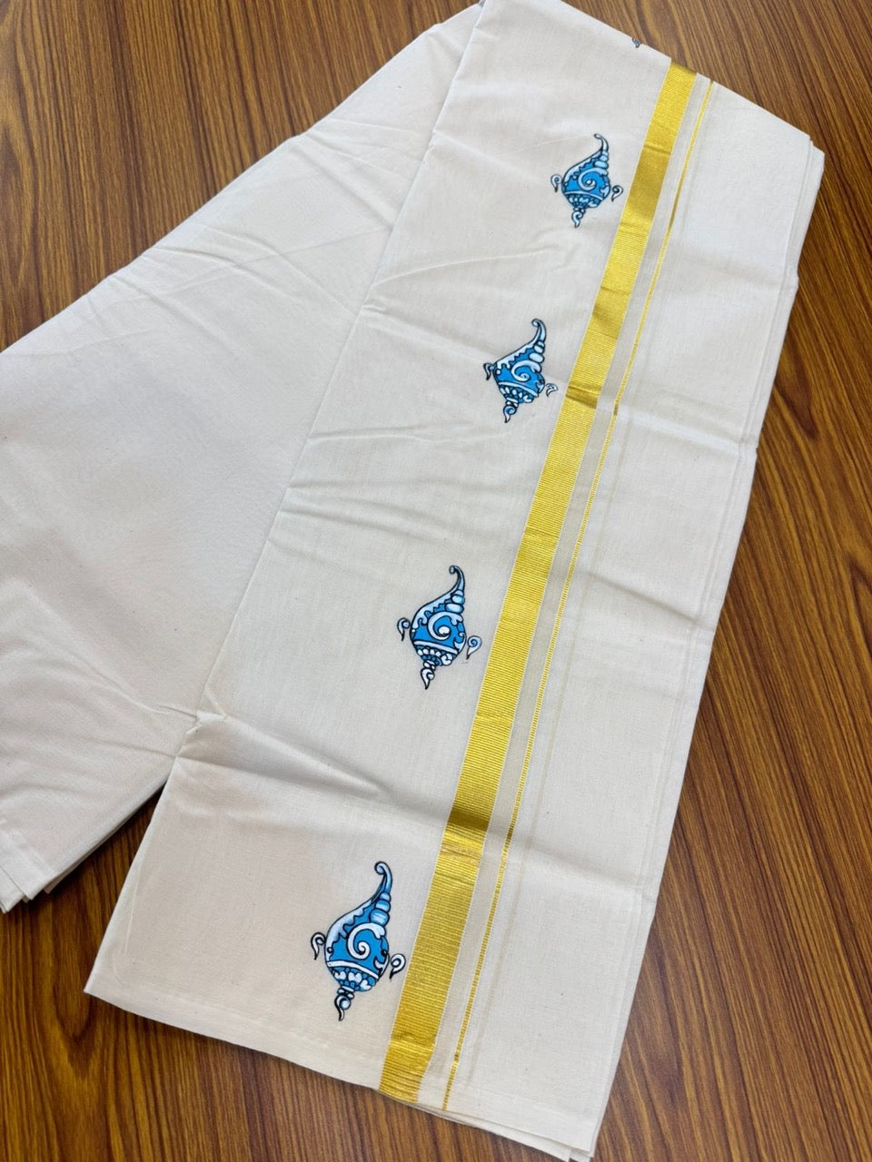 KaithariKada Balaramapuram 100% Cotton Double Off white - (Unbleached) Mundu/Dhoti-100x80 - 0.75 inch Hand Painted Gold Kasav Sky Blue & White Mural Design Kara 3.75 mtr (8 muzham) - 2 KK5244 ASH
