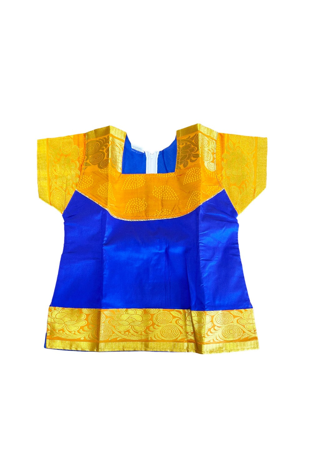 Midukki-Traditional South Indian Kids Pattu Pavada- Blue top light orange skirt with emboss work- Age 12 - KK12MID002