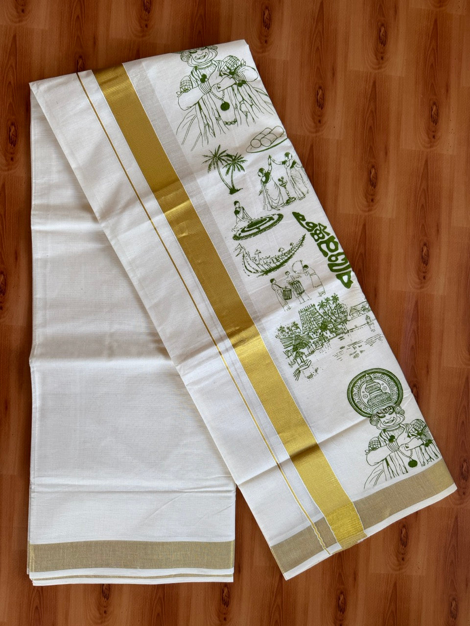 Double Off White - Onam Festival Print - (Unbleached) Mundu/Dhoti- 20% Discount!! KaithariKada Balaramapuram Mixed Cotton 60s - 1.5 inch Gold Kasav with Green Printed Design Kara - 2 KK5474 GAN