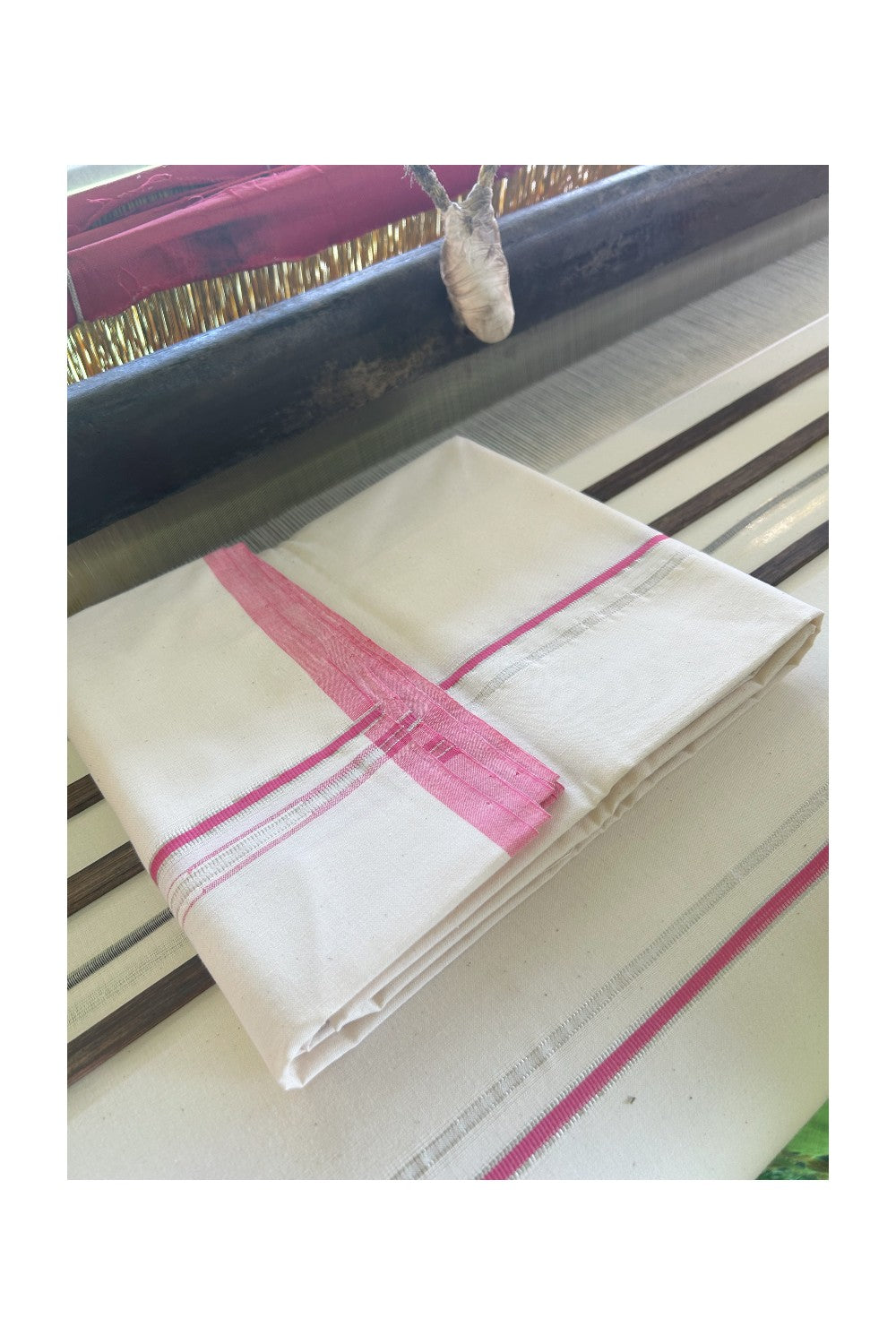 SIGNATURE KAITHARIKADA EXCLUSIVE SINGLE DHOTI - 25% Discount! 100% Cotton Balaramapuram HANDLOOM Single Mundu/Dhoti - Off White - (Unbleached) 0.25 Inch PINK & SILVER KASAVU Chutty Kara(2 meter / 4 muzham) - 2KK502KK