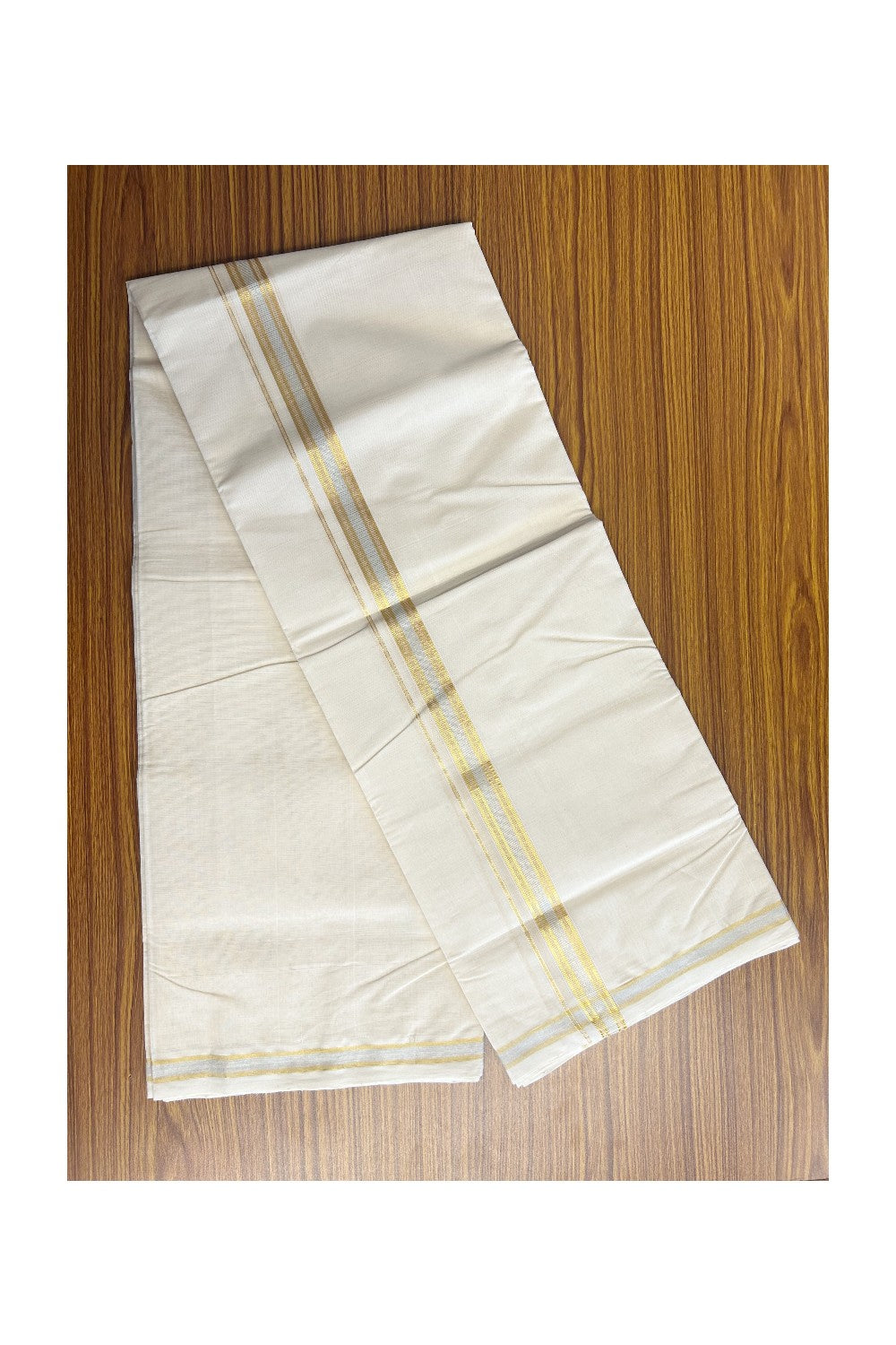 30% DISCOUNT ! KaithariKada HANDLOOM Millpaav Balaramapuram - 100% PURE Cotton Off White - (Unbleached) Double Mundu/Dhoti -& 1.25 inch Gold Kasavu & Silver Kasavu Kara - 2KK5149RAM