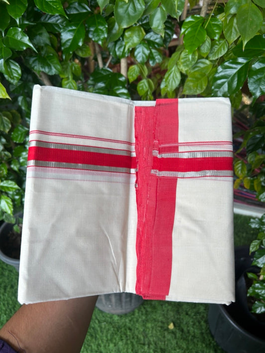 25% Discount! KaithariKada HANDLOOM MILLPAAV Balaramapuram - 100% PURE Cotton OFF WHITE (Unbleached) Double Mundu/Dhoti - 80x90 - 1.25 inch Silver kasavu Bright Red striped kara 4 Mtr (8.5 Muzham) - 20KK5235 YAR