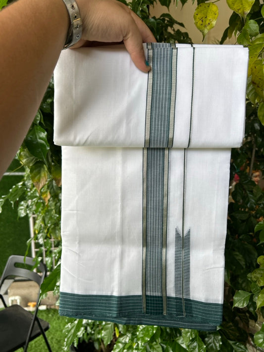 25% Discount!! NEW ULTRA PURE WHITE THREAD HANDLOOM Balaramapuram - 100% MERCERISED Cotton Double Mundu/Dhoti - 120 twisted warp x 80s weft - Dark Green White Stripes Silver Kasav Chutty Kara- 20KK5248 REA