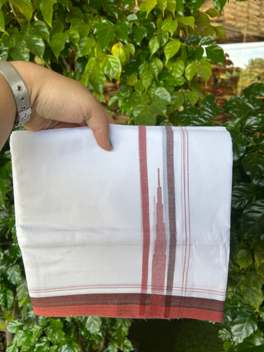20% Discount ! NEW! KaithariKada Balaramapuram 100% Cotton Pure white Double Mundu/Dhoti - (100x80)s - 1.5 inch Brick Red Brown chutty - 20 KK5249 VIN