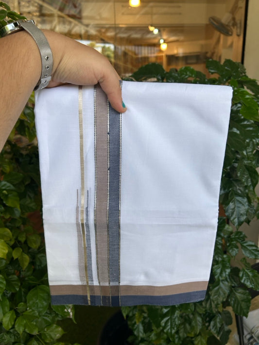 26% Discount ! NEW! KaithariKada Balaramapuram 100% Cotton Pure white Double Mundu/Dhoti - (100x80)s - Brown Navy Blue Chutty Silver Kasav - 20 KK5252 CKS