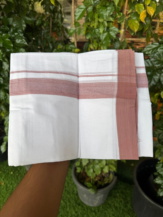 Short Dhoti Special - 28% Discount ! KaithariKada 100% Cotton Pure White Double Mundu / Dhoti - 100x80 - 45 inch Height 3.80 m Length  1.5 inch Peach Brown kara - 20 KK5258 THI