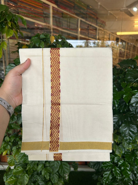 KaithariKada 100% Cotton Double Off White - (Ubleached) Mundu/Dhoti - 80x80 - 1 inch Gold Kasavu & Brown Tribal Printed Design Kara - 4 mtr (8 muzham)- 20 KK5262 STH