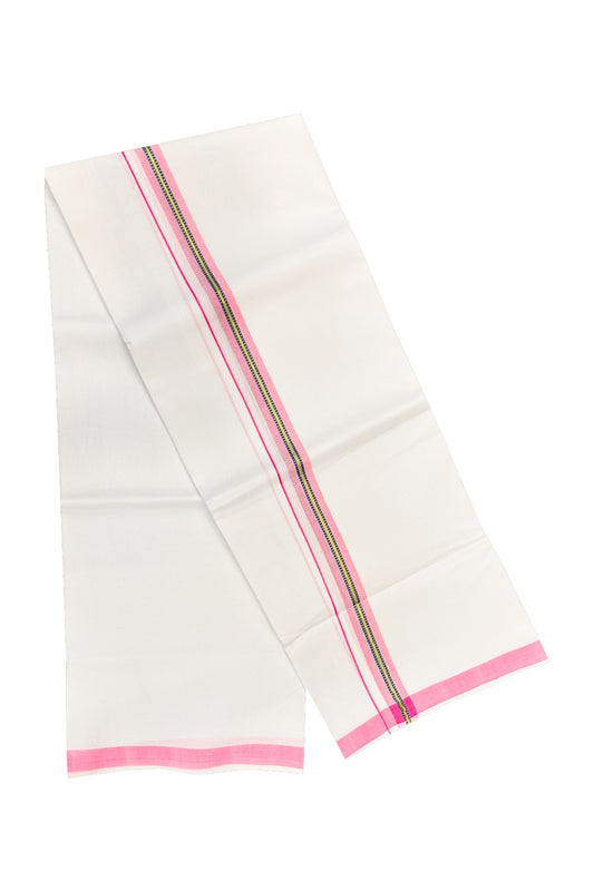 30% OFFER! KaithariKada 100% Cotton Balaramapuram HANDLOOM Single PURE WHITE Mundu/Dhoti - 1.5 inch (2 meter / 4 muzham) Pink Kasavu Kara & Blue Stripes Design - 20KAI.