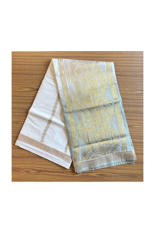 15% Discount! Kaitharikada Kerala Cotton Saree - Sage Green Colour Dyed & 24 inch Kasavu Saree with Flower Pattern Putta Design - 20KK1003HAR