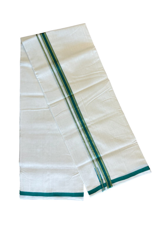 23% Discount!!! KaithariKada HANDLOOM UNAKKUPAAV Balaramapuram - 100% PURE Cotton off white (Unbleached) Double Mundu/Dhoti - 2.5 cm Green & kasavu stripes puliyilakkara chutty - 20KK458SOM