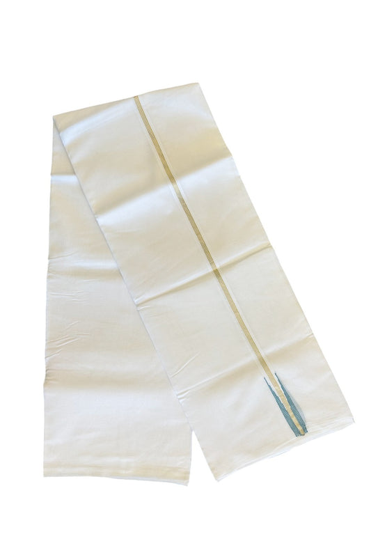 20% DISCOUNT!! KaithariKada Balaramapuram 100% Cotton PURE WHITE Double Mundu/Dhoti-100x100 - 0.75 inch Puliyilakkara kasavu 4 line Peacock green striped chutty - 20KK481ASH