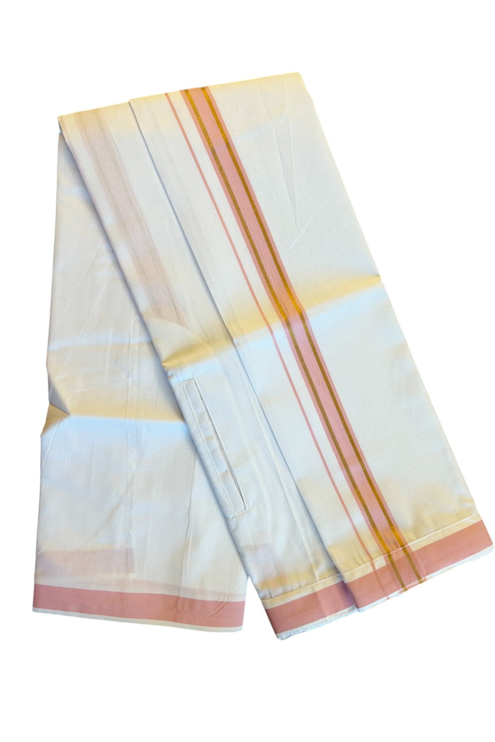 KaithariKada Balaramapuram  COTTON SINGLE PURE WHITE VELCRO Mundu/Dhoti - 1.75inch  Pink & Kasavu kara (2 metre / 4 muzham)- 20KK485SRI