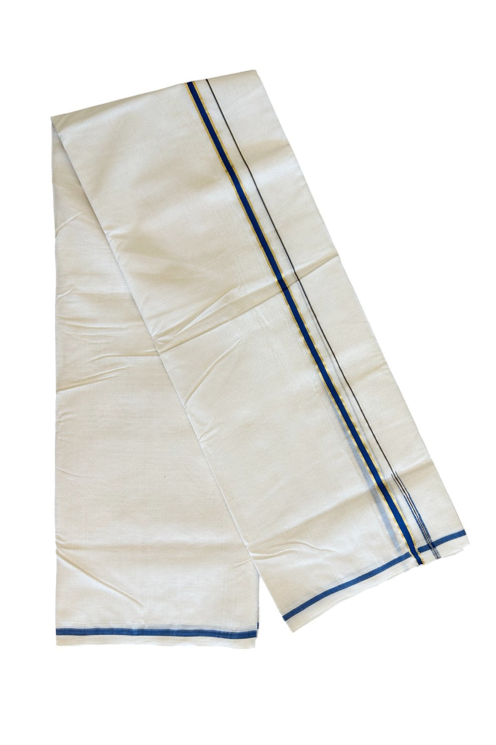 16% DISCOUNT!! KaithariKada HANDLOOM Millpaav Balaramapuram - 100% PURE Cotton OFF White - (Unbleached) Double Mundu/Dothi - 1.5cm Puliyilakkara side striped Gold kasavu  Blue chutty 3.80 mtr (8 Muzham) - 20KK498KK