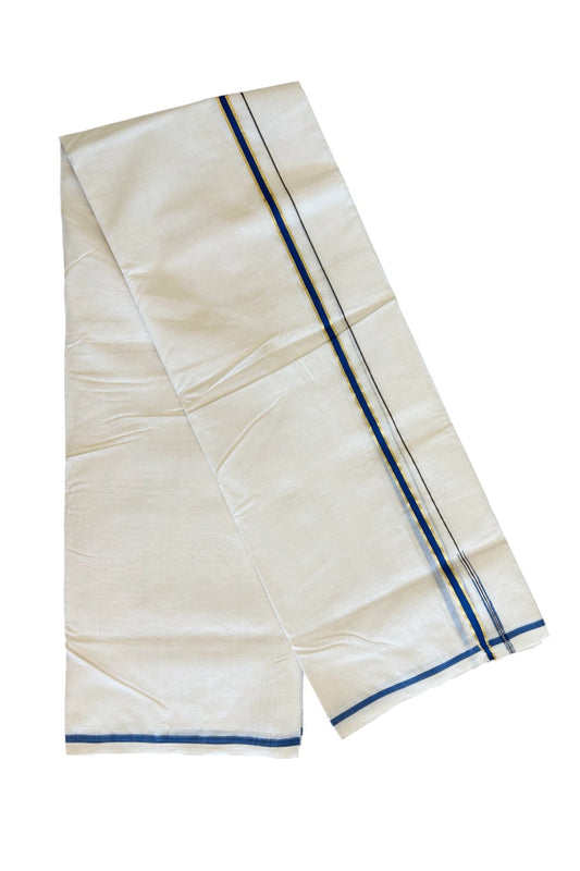 16% DISCOUNT!! KaithariKada HANDLOOM Millpaav Balaramapuram - 100% PURE Cotton OFF White - (Unbleached) Double Mundu/Dothi - 1.5cm Puliyilakkara side striped Gold kasavu  Blue chutty 3.80 mtr (8 Muzham) - 20KK498KK