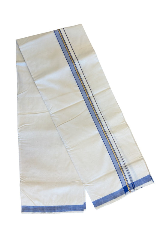 30% Discount ! KaithariKada 100% Cotton Balaramapuram HANDLOOM Single Mundu/Dhoti - Off White (Unbleached) 1.Inch (2 meter / 4 muzham) Blue & Stripes Kasavu Puliyilakkara Chutty.