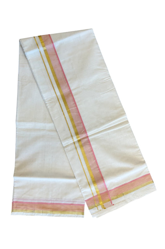 25% Discount!!! KaithariKada 100% Cotton HANDLOOM Off white (Unbleached) Double Dhoti/Mundu - 2 inch Pink& Kasavu Border - KK2DOT164