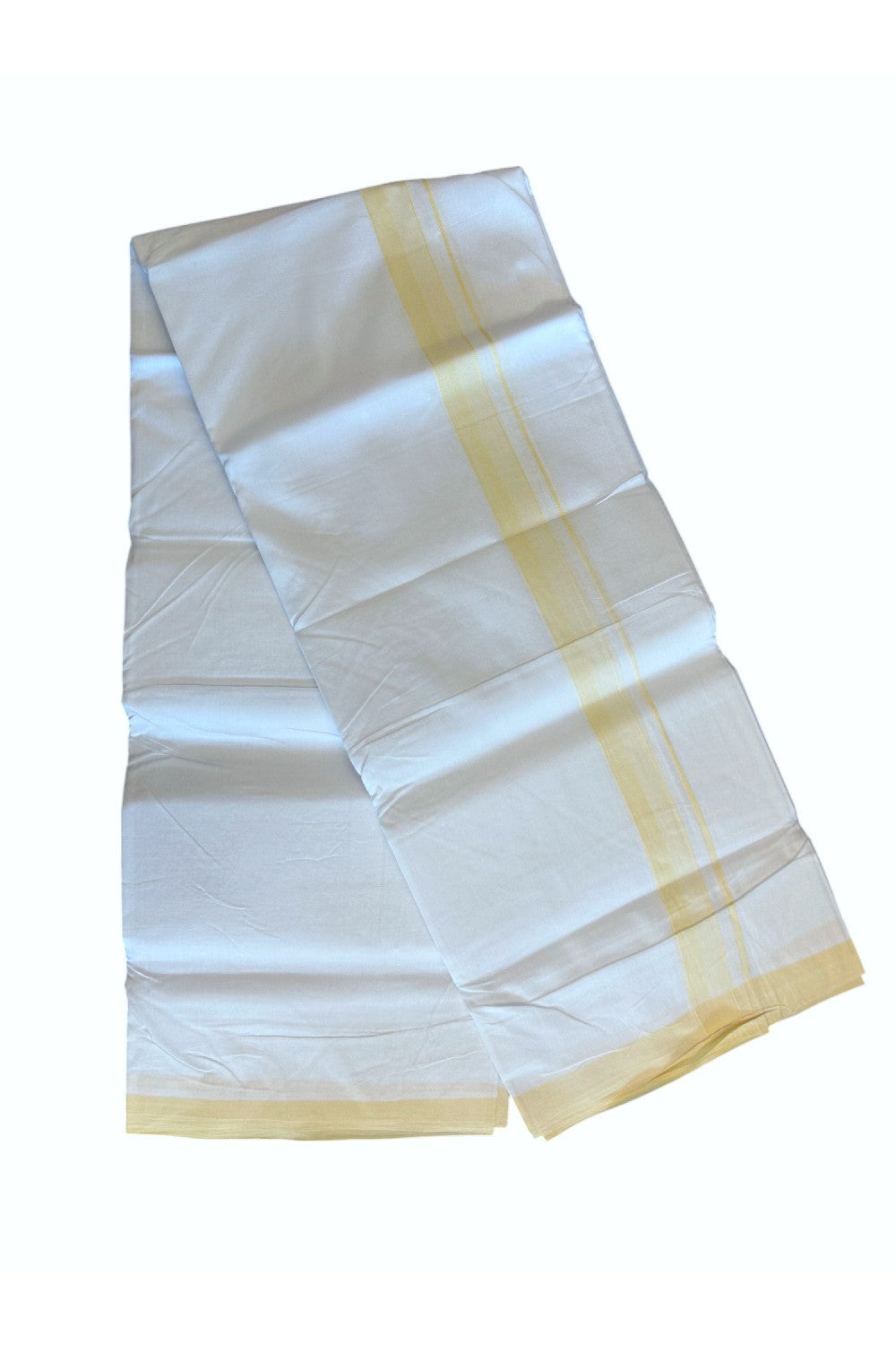 30% Discount!!! KaithariKada HANDLOOM UNAKKUPAAV Balaramapuram - 100% PURE Cotton PURE WHITE Double Mundu/Dhoti - 1.25 inch Light Yellow Shaded & Striped Kara - 20KK5129YAR