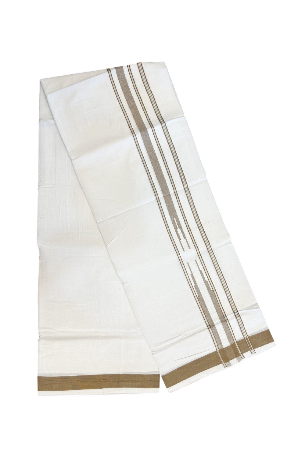 25% DISCOUNT! KaithariKada Balaramapuram 100% Mercerised Cotton Double ULTRA PURE white Mundu/Dhoti - 120x120 - 1.75 inch Heavy Chutty Silver Kasavu & Peanut Brown Shaded Kara -20KK5139THI